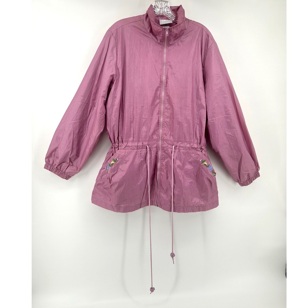 Blair Womens Pink Nylon Windbreaker Jacket Floral Embroidered L Cottagecore